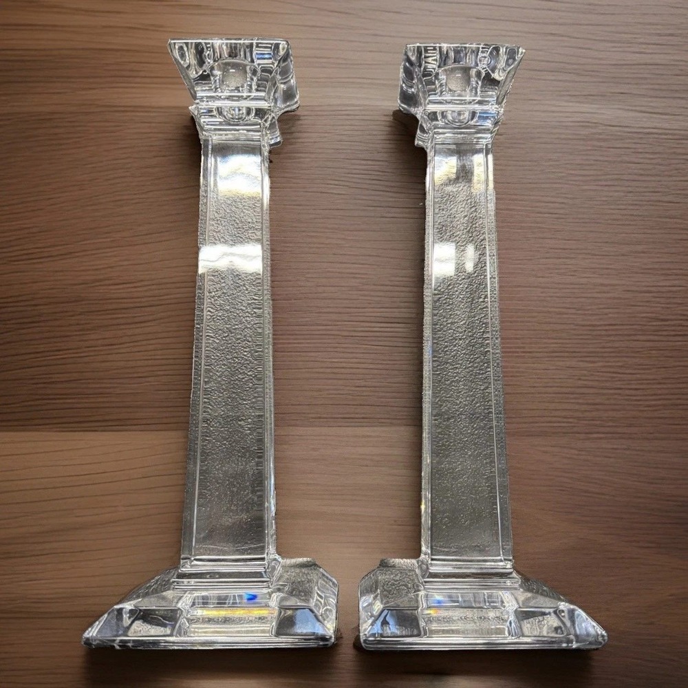 Tiffany & Co Crystal Candlestick Holders Set of 2 Modern Pillar 9.5 inch Boxed
